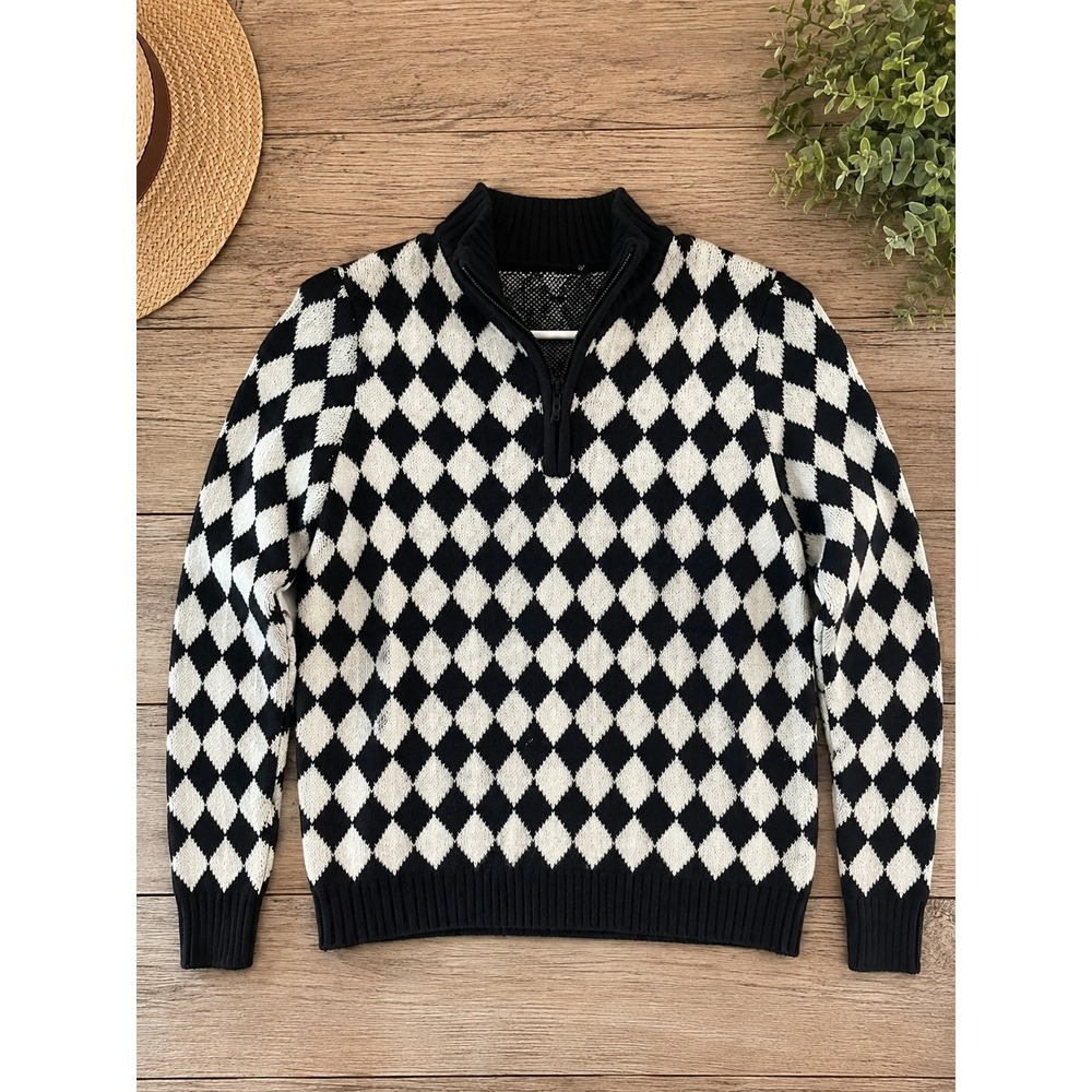 Musera Women Black White Argyle Quarter Zip Mock Neck Sweater Large NEW